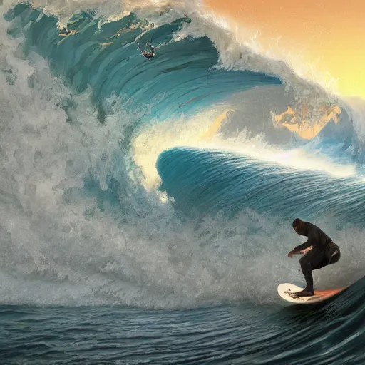 Image similar to obama surfing the biggest wave at nazare, portugal, intricate, highly detailed, digital painting, artstation, concept art, smooth, sharp focus, illustration, unreal engine 5, 8 k, art by artgerm and greg rutkowski and alphonse mucha