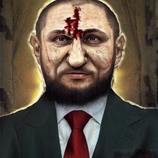 Image similar to ramzan kadyrov became bloody ugly puppet of putin, photo - realistic, color image, 2 k, highly detailed, bodyhorror, occult art