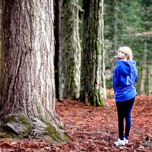 Image similar to a ninja timber wolf stalks [ a blonde teenage girl wearing a red hoodie ] in the forest