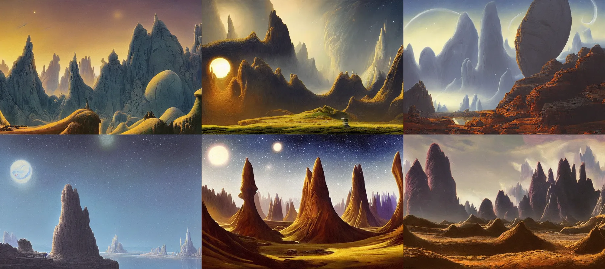 Prompt: alderaan landscape in the style of dr. seuss, starships, painting by raphael lacoste