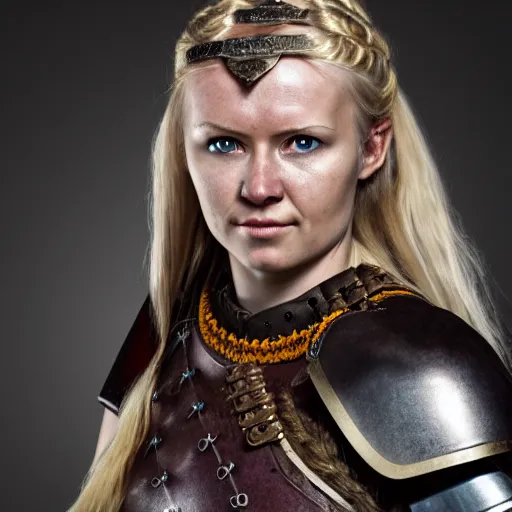 Prompt: photo of a real-life beautiful nordic female warrior, highly detailed