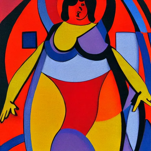 Prompt: beautiful sunset, fat woman dancing, cubism, red, yellow, orange, muted colors, geometric, texture