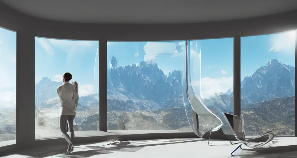 Image similar to looked at big window, architectural, mountains in background, sunny day time, clear sky, futuristic, furnitures, ultra realistic, ultra detailed, cinematic light, anamorphic