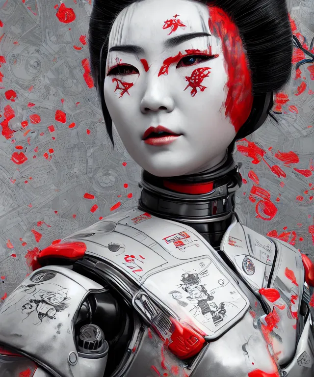 Image similar to an epic fantastic realism comic book style portrait painting of a japanese robotic geisha with kanji tattoos and decals, apex legends, octane render, intricate detail, 4 k hd, unreal engine 5, ex machina, irobot