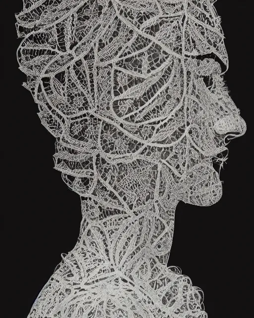 Prompt: a woman's face in profile, made of intricate decorative lace leaves, in the style of the dutch masters and gregory crewdson, dark and moody