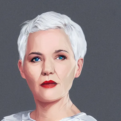 Prompt: portrait of a woman with short white hair, medium shot, illustration, high quality, by steven spielberg