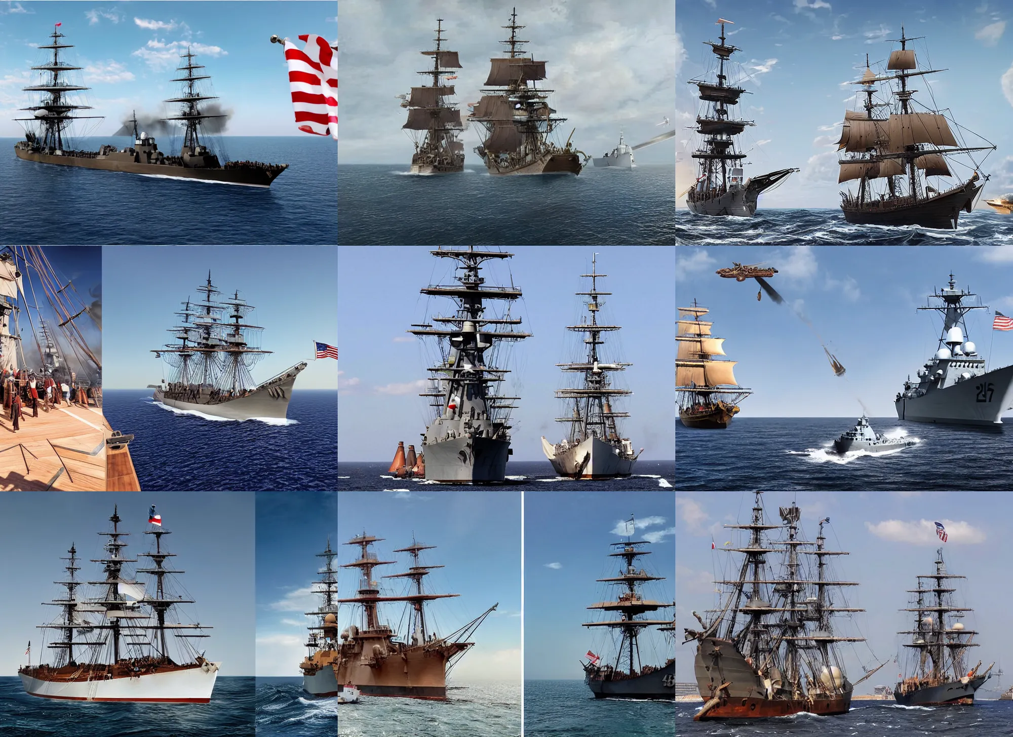 Image similar to a 1700s pirate ship sailing next to modern day US destroyer sailing side by side, hyper-realistic