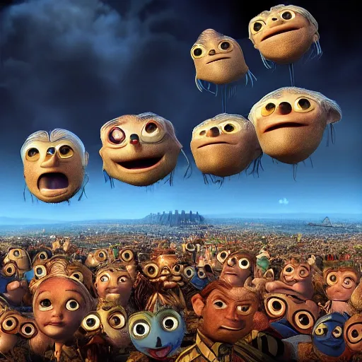Prompt: Pixar movie about an Tiny Donald Trumps invasion Ancient Athens, UFOs, portrait, intricate, 8k highly professionally detailed, HDR, CGsociety