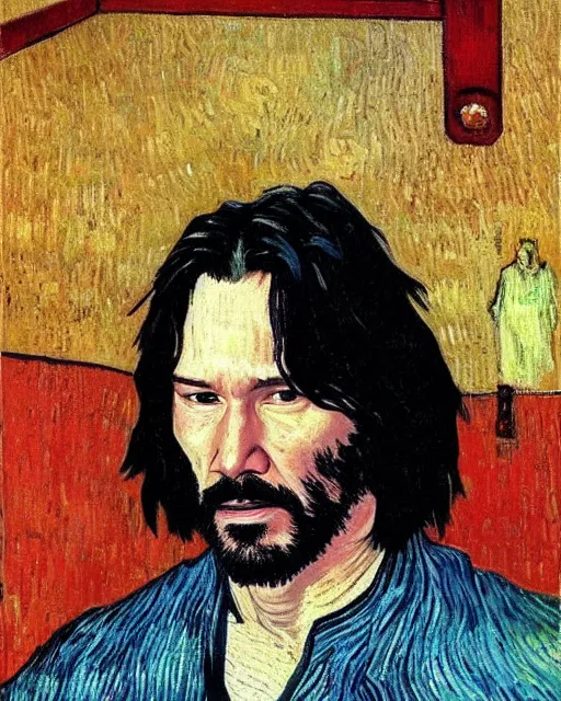 Prompt: Keanu Reeves as Neo in the style of van gogh self portrait, face, detailed, sharp focus