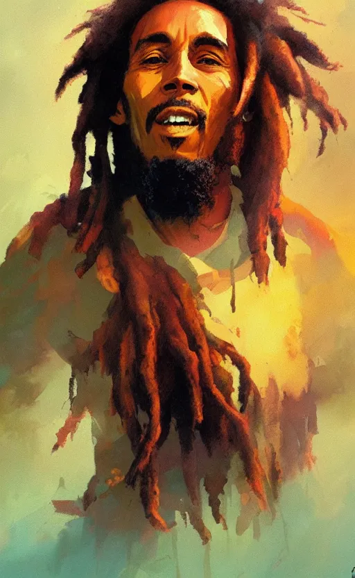 Prompt: Bob Marley, nature, warm colors, by Greg Rutkowski, artstation