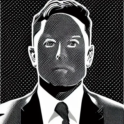 Prompt: a simplified black and white vector based illustration of Elon Musk, created in Adobe illustrator, black ink shading on white background, smooth vector curves, vinyl cut ready