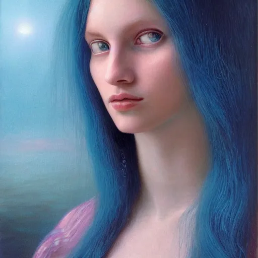 Image similar to A beautiful portrait of a woman with iridescent skin by James C. Christensen, scenic environment and blue hair