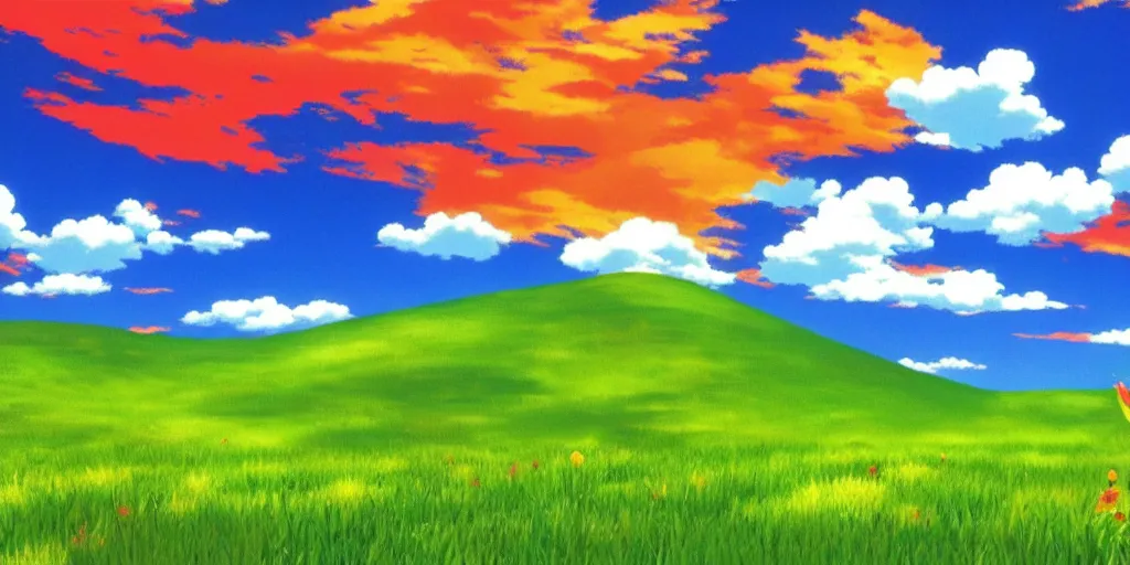 Image similar to windows xp bliss wallpaper by studio ghibli,