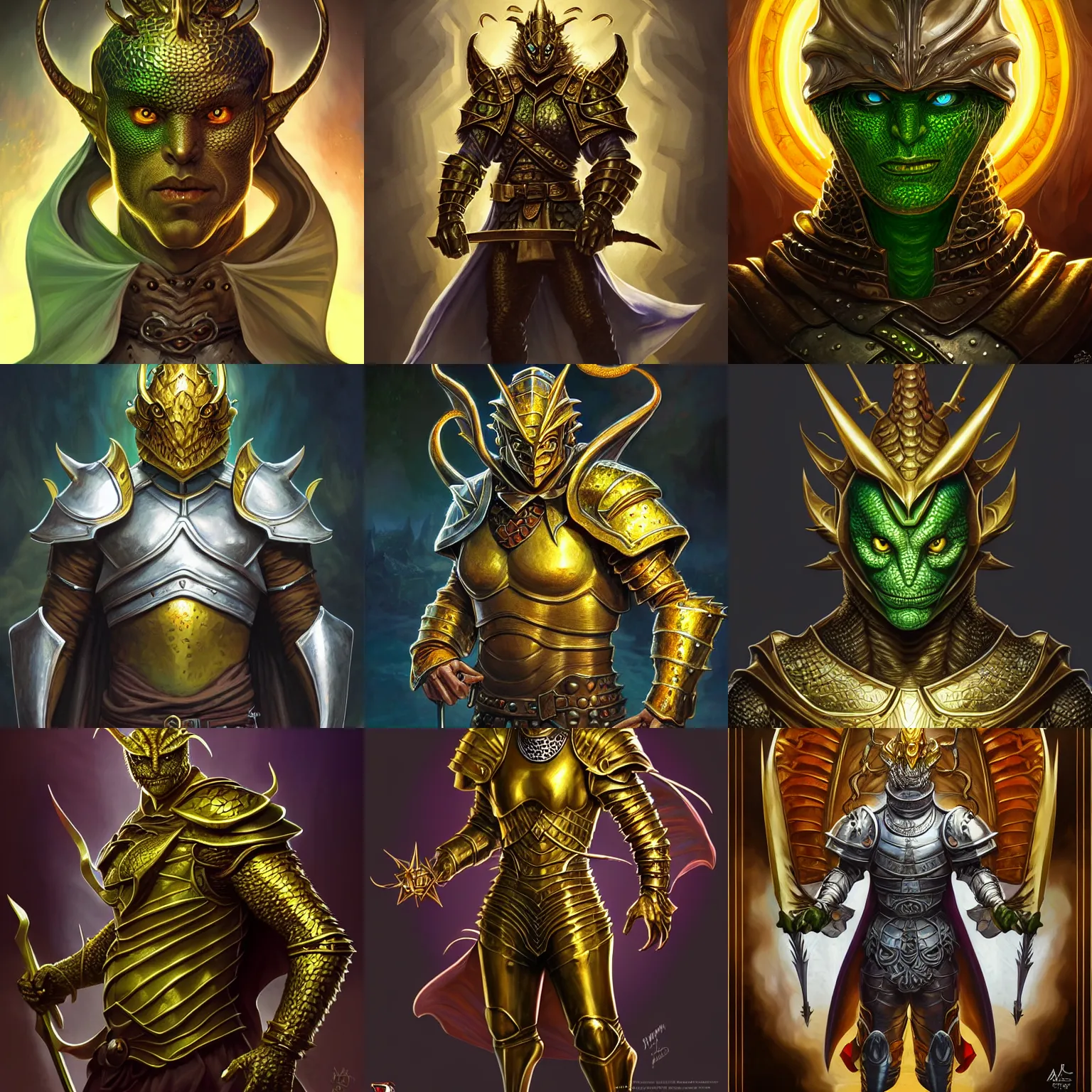 Prompt: dungeons and dragons character concept portrait, symmetrical head-on centralized, golden scaled dragon-man with green lizard eyes, silver plate armor. Detailed, High quality, dynamic lighting, fantasy, Artwork by Artgerm, WLOP, Alex Ross, Greg Rutknowski, Alphonse Mucha