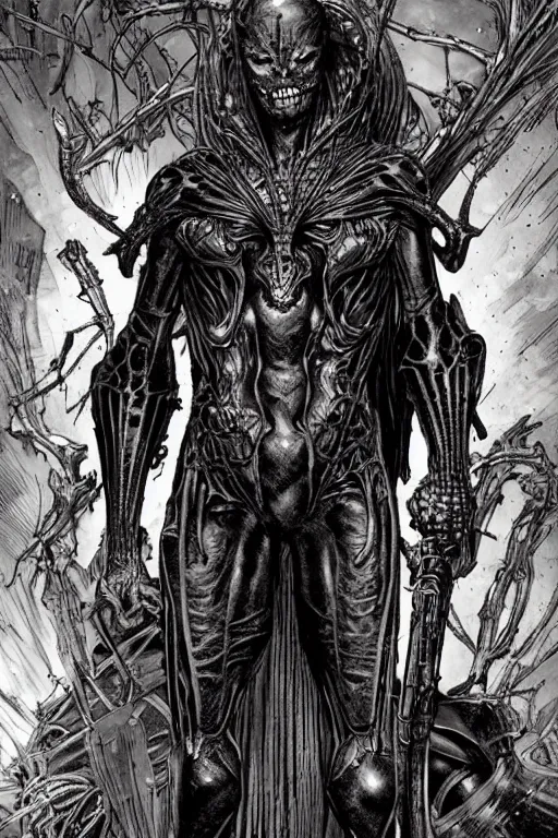 Image similar to A full body portrait of a new antihero character art by Marc Silvestri, Cedric Peyravernay and H.R. Giger, ominous, mysterious,