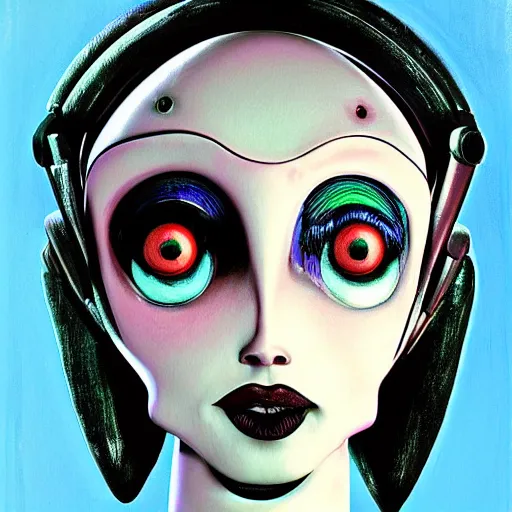 Prompt: portrait of a android girl, android, humanoid robot girl, by Tim Burton