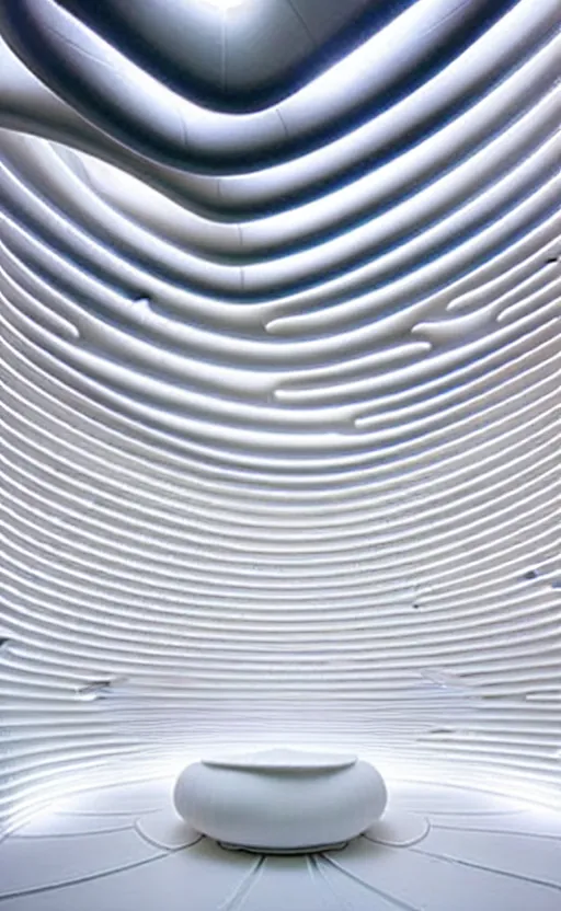 Image similar to xinming parametric architecture, interior design, tall wide room with kitchen and livingroom, futuristic pavilion, surreal, all white, luxurious, spiral 3 d printed walls, scale figures, 8 k rendering, insanely detailed, white building, curves, zaha hadid, vincent callebaut