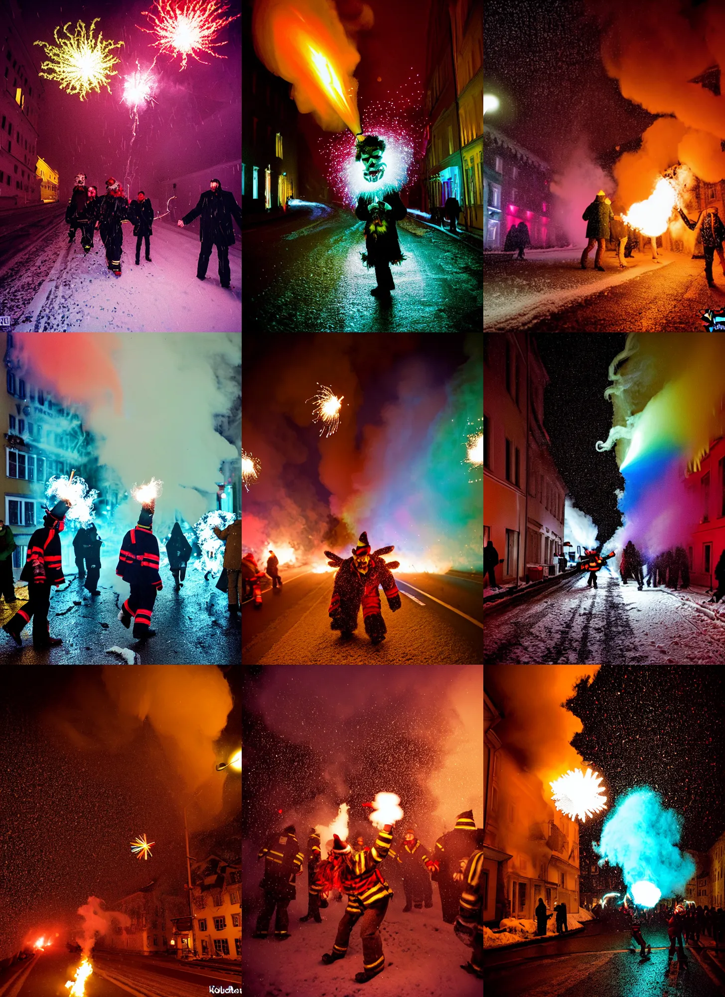 Image similar to kodak portra 4 0 0, winter, snowflakes, rainbow coloured rockets chaos glitter tornados, award winning dynamic photo of a bunch of hazardous krampus between exploding fire barrels by robert capas, motion blur, in a narrow lane in salzburg at night with colourful pyro fireworks and torches, teal lights