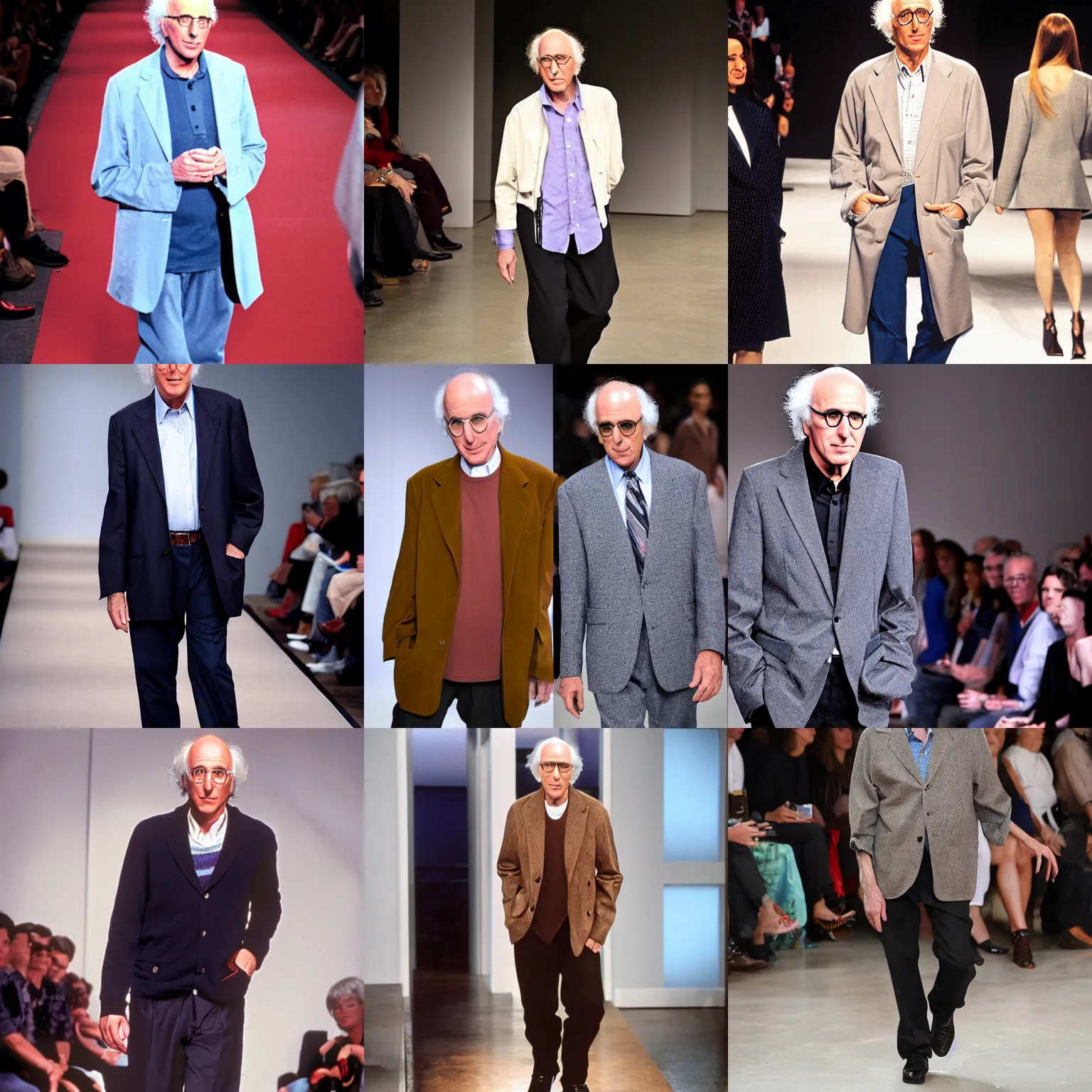Prompt: Larry David modeling high fashion on a catwalk