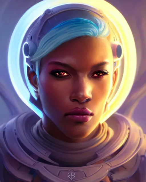 Image similar to sojourn from overwatch, bust, dreadlocks, gray hair, cyborg eyes, fantasy, fantasy art, fantasy, colorful, elegant, character portrait, portrait, close up, highly detailed, intricate detail, amazing detail, sharp focus, vintage fantasy art, vintage sci - fi art, radiant light, caustics, by boris vallejo