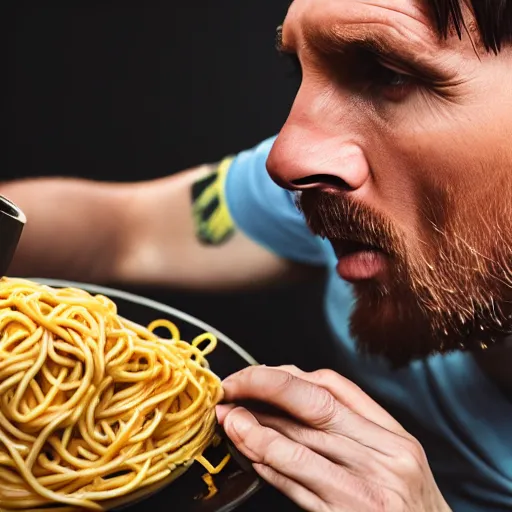 Image similar to lionel messi eating spaghetti, depth of field, photography, isometric, wide shot, studio, bokeh, gmaster,, kodak, sony, canon