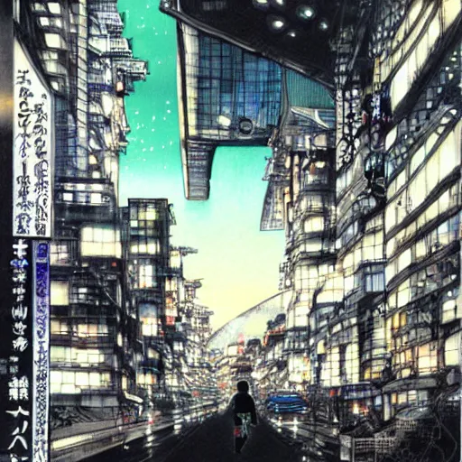 Prompt: futuristic japanese city illustration by yoshitaka amano