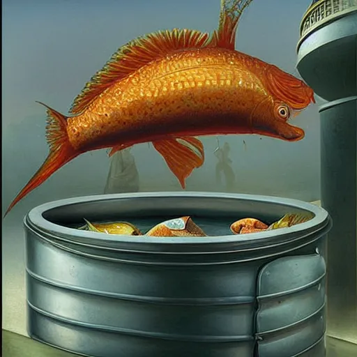 Prompt: a fish on the top of a pile of fish, inside a cooking pot, side view, by vladimir kush, dystopian aer, rococo