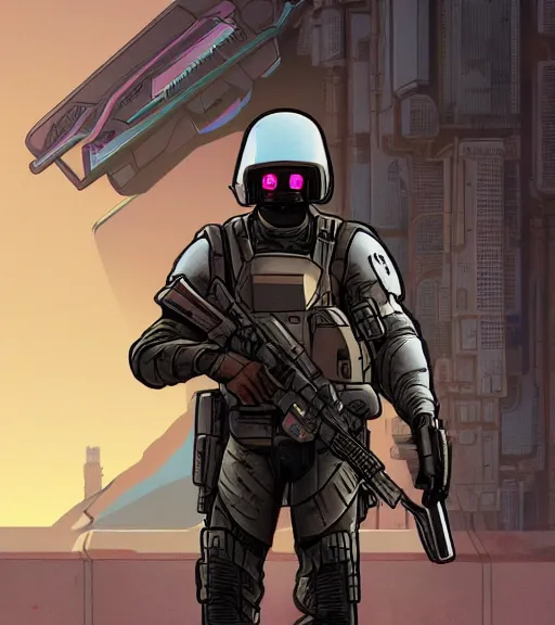 Image similar to a cyberpunk soldier with tactical gear and a rifle patrols a neon city on mars, Industrial Scifi, detailed illustration, character portrait, by Martin Grip and Moebius