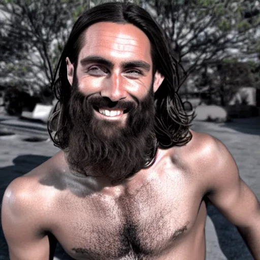 Image similar to Gigachad hanging out with Jesus, photorealistic, 4K