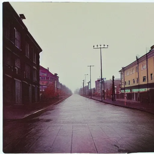 Image similar to low angle wide shot of Petrozavodsk street in the early morning, after rain, polaroid photo, by Warhol,