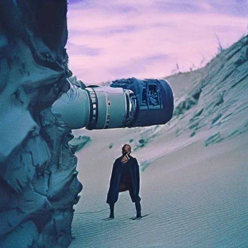 Image similar to Jodorowky's Dune movie, guild steersman, 55mm lens, cinematic, cinestill 400t film