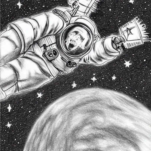 Prompt: detailed pencil sketch of a corgi cosmonaut in space, sketchy, dynamic, stars, planets, nebulae, sci - fi