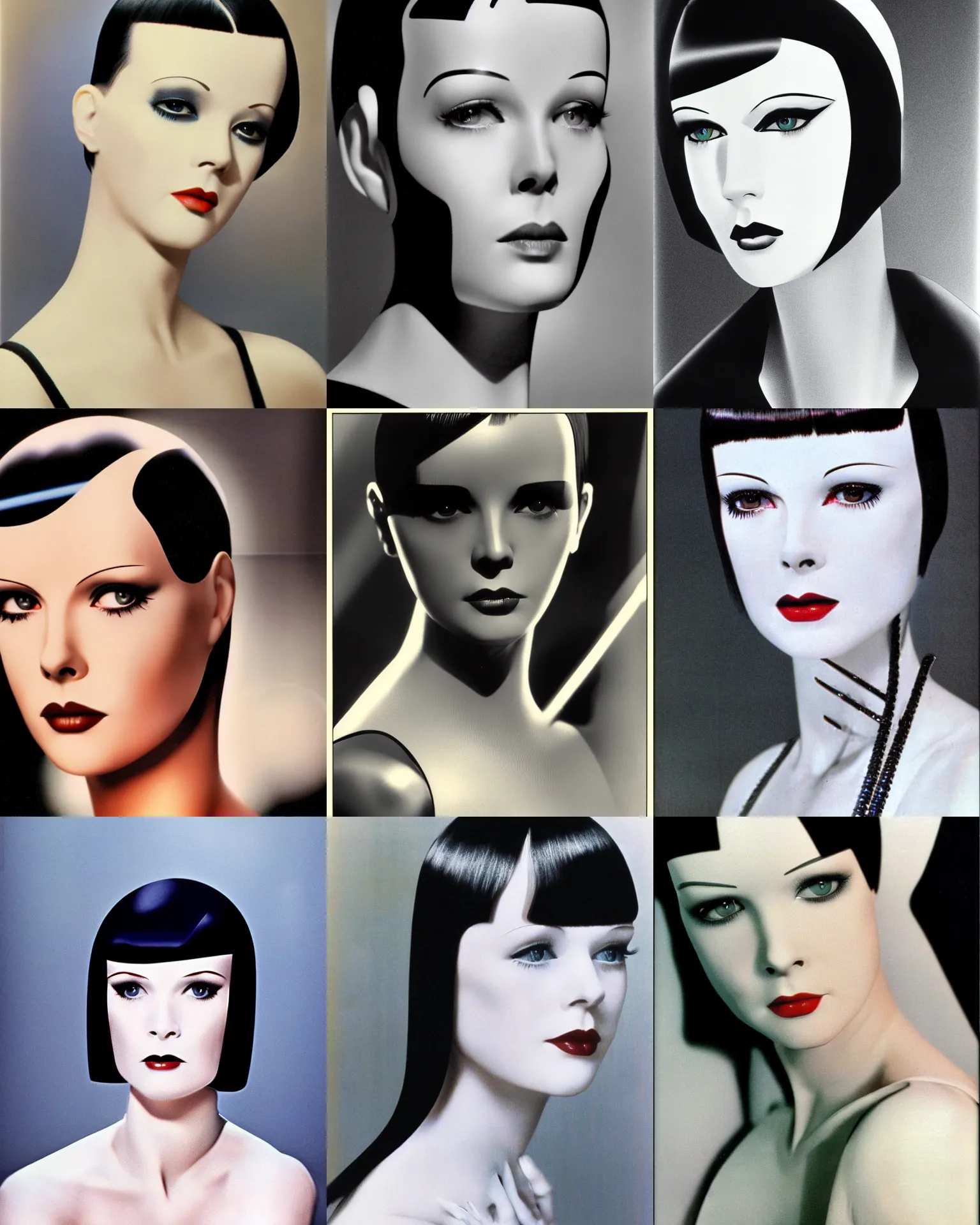 Prompt: mary louise brooks is half robot, chrome skin, 1 9 8 0 s airbrush, clean lines, futuristic, blade runner, complex line data