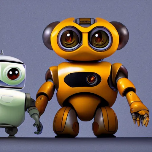 Image similar to two small chubby bots, hyperdetailed colourful, smooth panelling, intricate detail, holding, single eye, style of cute pokemon, rusty arms, antenna, gerbil, floating, white studio, mechanical, cute toy, wall - e, ambient light, in the style of pixar animation, pokedstudios,, blender, octane render, 8 k,