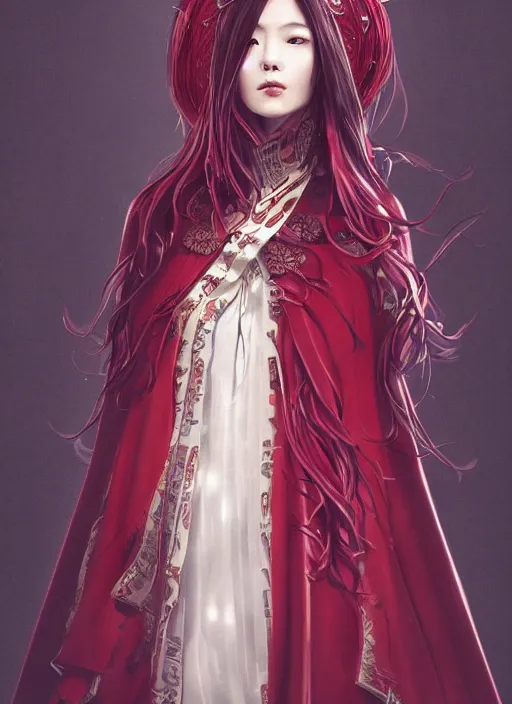 Prompt: a highly detailed illustration of beautiful long dark red haired japanese woman wearing wine red epaulette uniform and coat cape, dramatic floating strings pose, intricate, elegant, highly detailed, centered, digital painting, artstation, concept art, smooth, sharp focus, league of legends concept art, wlop