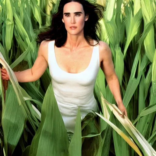 Image similar to jennifer connelly emerging from a giant piece of corn