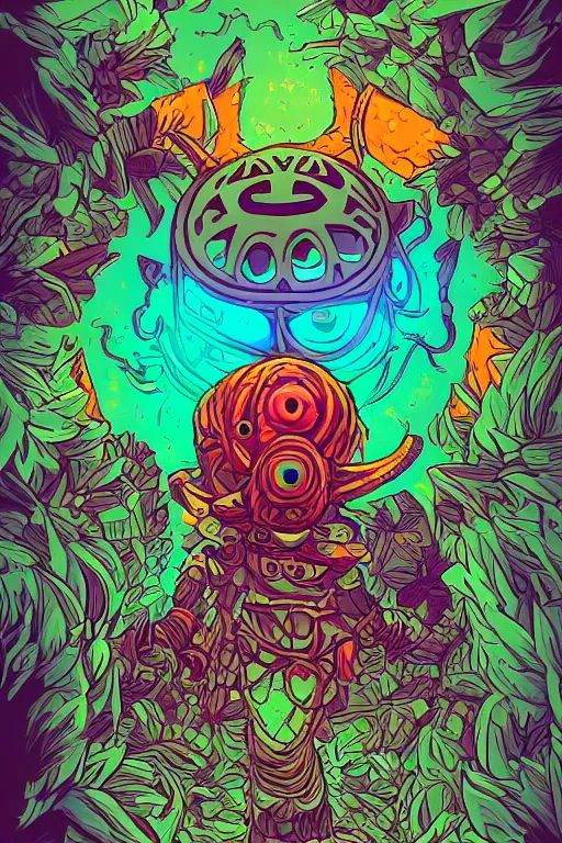 Image similar to knit majora's mask tribal feather gemstone plant wood rock shaman vodoo video game vector illustration vivid color borderlands by josan gonzales and dan mumford radiating a glowing aura