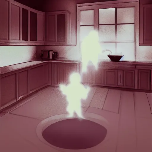 Image similar to ghost apparition floating in the middle of a kitchen, artstation, r/art, realistic, cam footage, thermal imaging