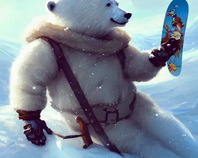 Prompt: a super cute anthropomorphic polar bear in snowgear from final fantasy, holding a snowboard, deep focus, d & d, fantasy, intricate, elegant, highly detailed, digital painting, artstation, concept art, matte, sharp focus, illustration, hearthstone, art by artgerm and greg rutkowski and alphonse mucha