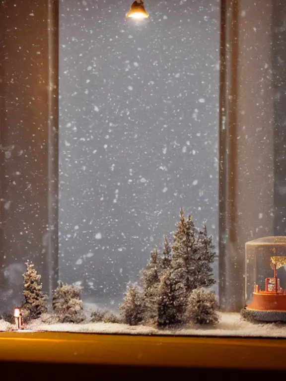 Image similar to small diorama a soviet residential building inside snow globe, lights are on in the windows, cozy atmosphere, fog, cold winter, snowing, streetlamps with orange volumetric light, birches nearby,