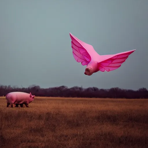 Image similar to national geographic photograph of a flying pig with big pink wings, soaring through the sky, flying above other pigs. daylight, outdoors, wide angle shot