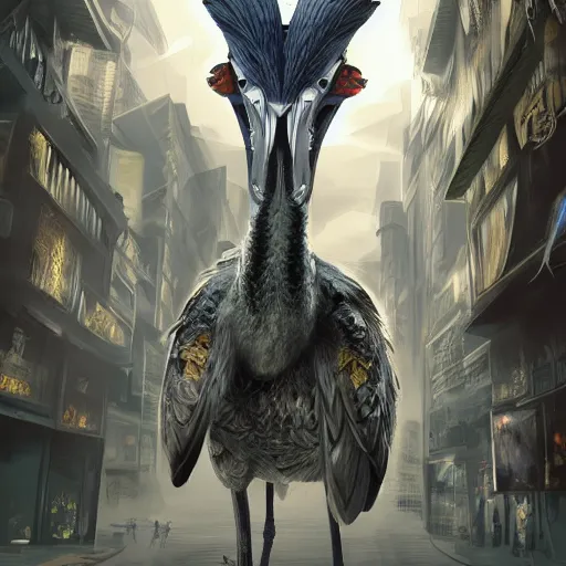 Image similar to gigantic evil shoebill rampaging through tokyo. concept art, ambient light, 4 k, intricate details, highly professionally detailed, cgsociety, highly detailed