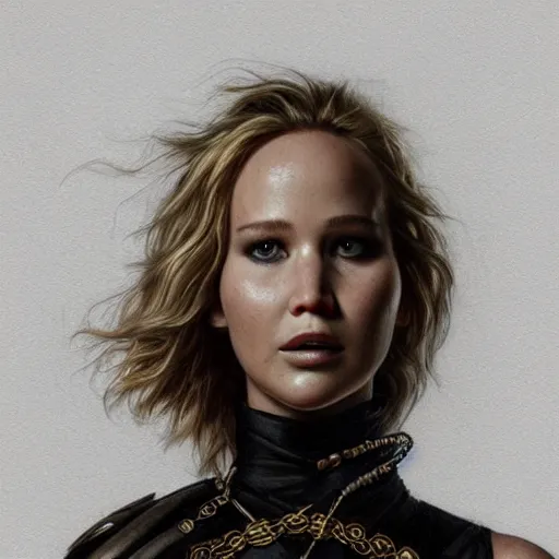 Prompt: portrait of jennifer lawrence as a ranger, looking at camera, d & d, choker on neck, intricate, elegant, stylish, fierce look, fantasy, extremely detailed, digital painting, artstation, concept art, smooth, sharp focus, illustration, stunning lighting, art by artgerm and greg rutkowski and alphonse mucha and simon stalenhag.