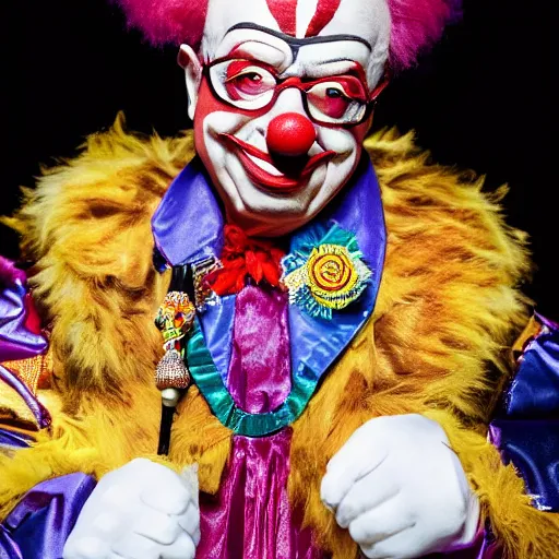 Prompt: UHD candid photo of Klaus Schwab dressed as flamboyant emperor, wearing extremely accurate clown makeup, accurate face, UHD, photorealistic, correct face, photo by Annie Leibowitz