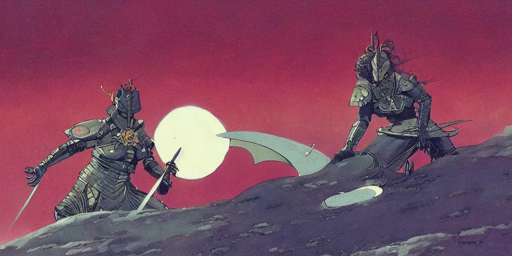 Prompt: on a strange vintage scifi planet, a samurai wizard warrior goddess with sword attacks an extraterrestrial spaceship, winslow homer, moebius, roger dean, artstation