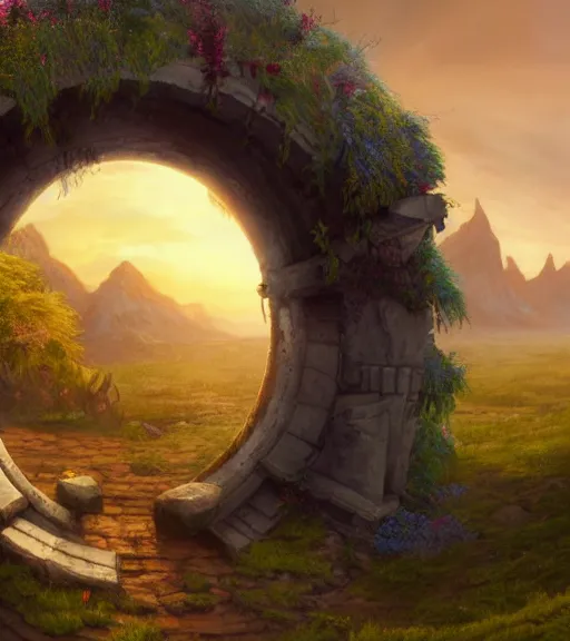Prompt: A giant medieval fantasy blue energy portal gate with a rusty gold carved lion face at the center of it, the portal takes you to another world, full of colorful flowers on the lost Vibes and mountains in the background, spring, delicate fog, sea breeze rises in the air, by andreas rocha and john howe, and Martin Johnson Heade, featured on artstation, featured on behance, golden ratio, ultrawide angle, f32, well composed, rule of thirds, center spotlight, low angle view-W 1024