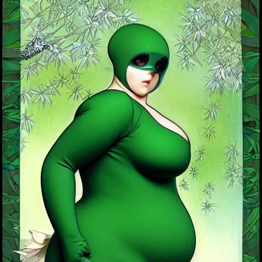 Image similar to fat pigeon in a green body suit, by Range Murata and Mucha