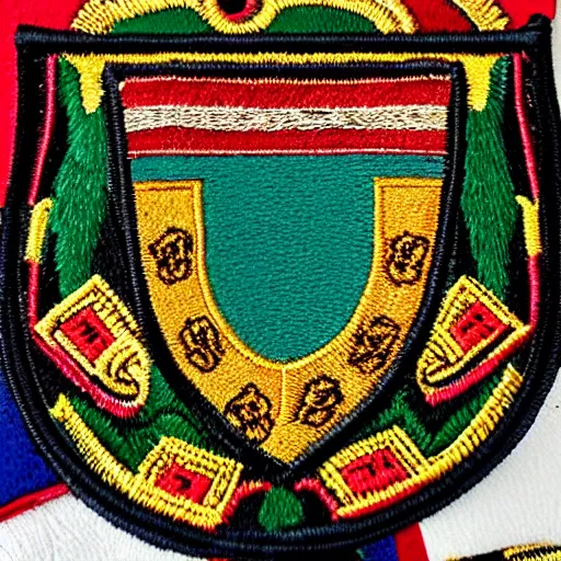 Image similar to closeup photo of a colorful embroidered patch of the coat - of - arms of the house of watanka from hogwarts which has the theme of a buffalo. the patch is sewn onto a leather school - bag.