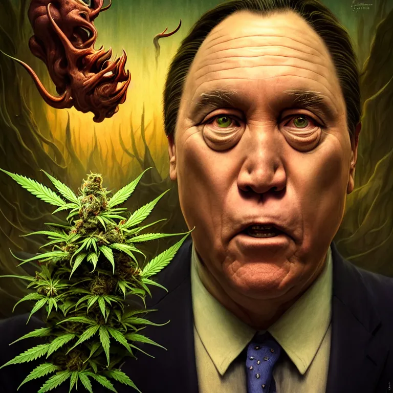 Prompt: a portrait of a cannabis devil premier francois legault in 2 0 2 1 illustrated by miyazaki by karol bak, james jean, tom bagshaw, rococo, sharp focus, trending on artstation, cinematic lighting, hyper realism, octane render, 8 k, hyper detailed, vivid, ultra detailed, highly detailed