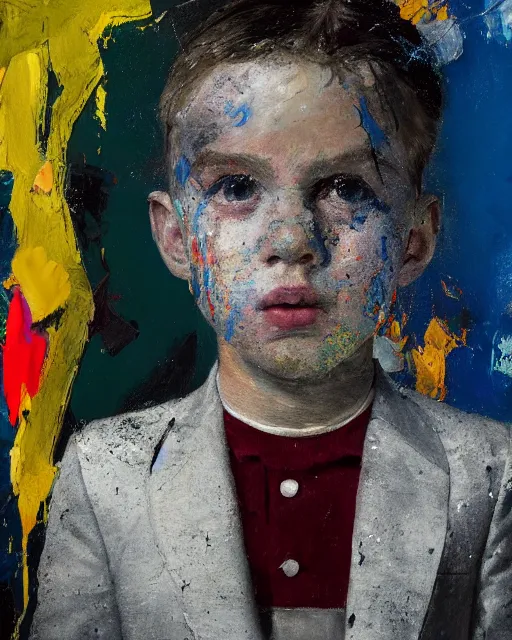 Image similar to portrait of a child in tuxedo painted by vincent lefevre and hernan bas and pablo amaringo and pat steir and hilma af klint, background in high definition 3 d, psychological, photorealistic, dripping paint, washy brush, rendered in octane, altermodern, masterpiece